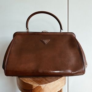 Prada Vintage Brown Patent Leather Large Structured Top Handle Bag